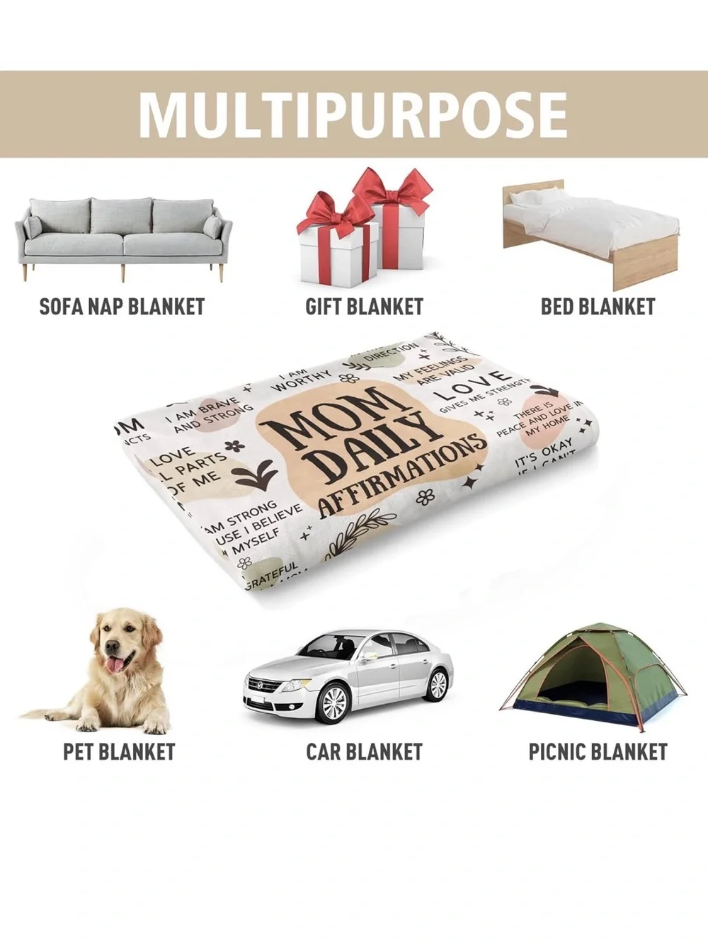 Mom Daily Affirmations Throw Blanket - White, Blush & Tan NWT